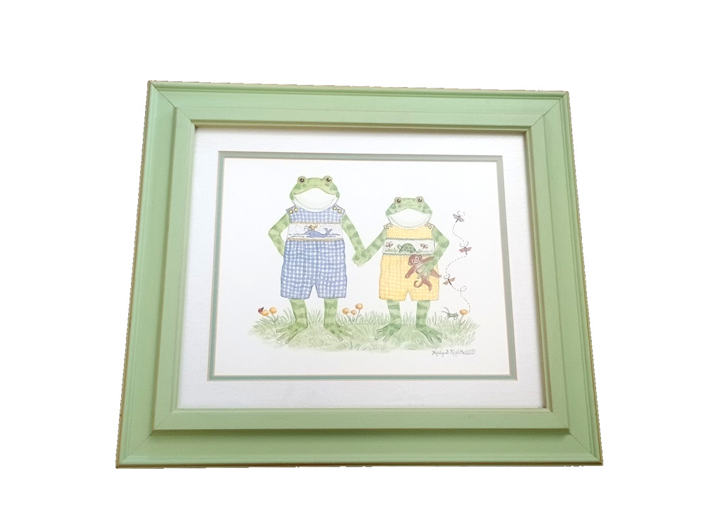 Frogs In Gingham Baby Flowers ORIGINAL Lithograph SIGNED Wood Frame Matted ART